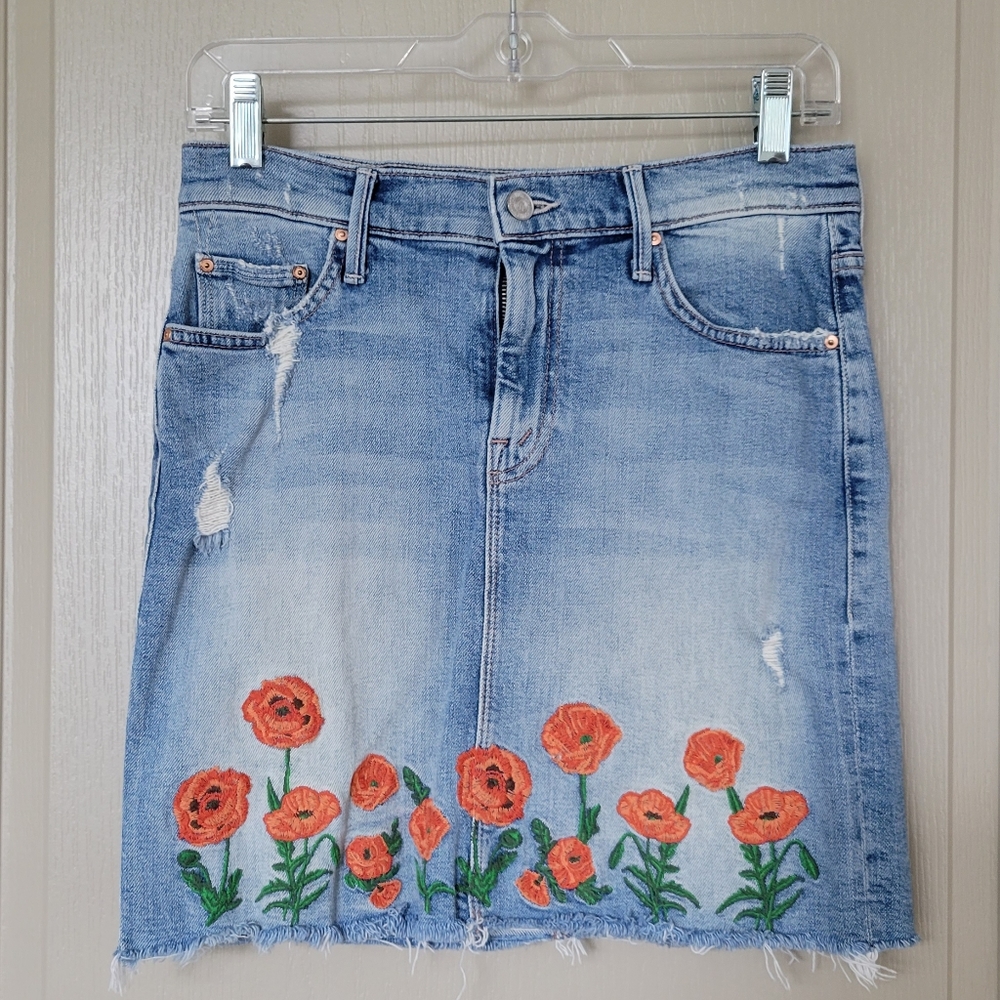 MOTHER Straight A Mini Fray Quite Contrary Denim Jean Skirt